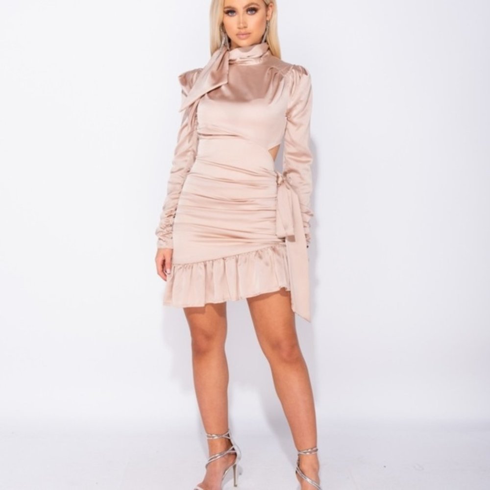 Winnie Champagne Satin Ruffle Hem High Neck Dress - Picture 2 of 8